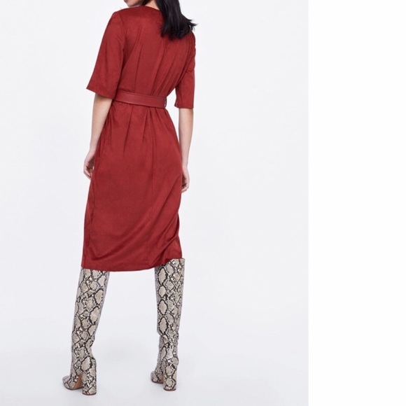 NWOT ZARA DARK RED FAUX SUEDE MIDI DRESS, SIZE SM - Picture 2 of 4